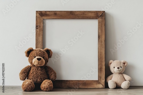Empty wooden frame with two teddy bears.