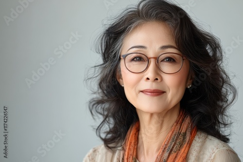 An elderly Asian grandmother with silver hair poses gracefully against a white backdrop, her gentle expression capturing the wisdom and grace of old age. photo