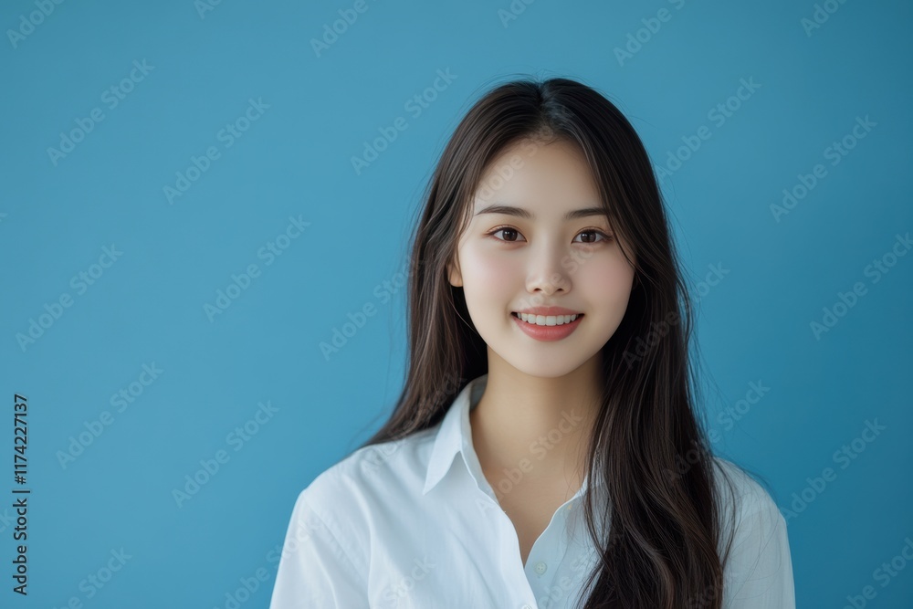 Beautiful Asian girl with long dark hair stands smiling warmly in front of a turquoise background. She is wearing a simple white shirt, exuding natural beauty and positivity. Beautiful Asian girl with long dark hair stands smiling warmly in front of a turquoise background. She is wearing a simple white shirt, exuding natural beauty and positivity.