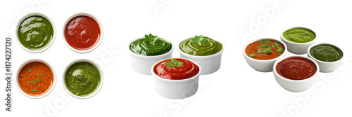 bowl of Indian chutneys with vibrant green and red dips, showcasing rich flavors and fresh ingredients