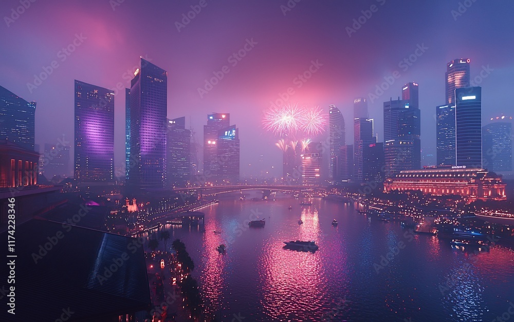 Fototapeta premium Fireworks over hazy cityscape at night.