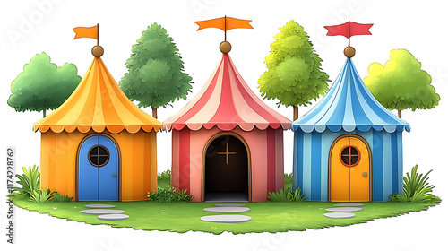 Three colorful circus tents with flags, trees, and stone path on a grassy island. photo