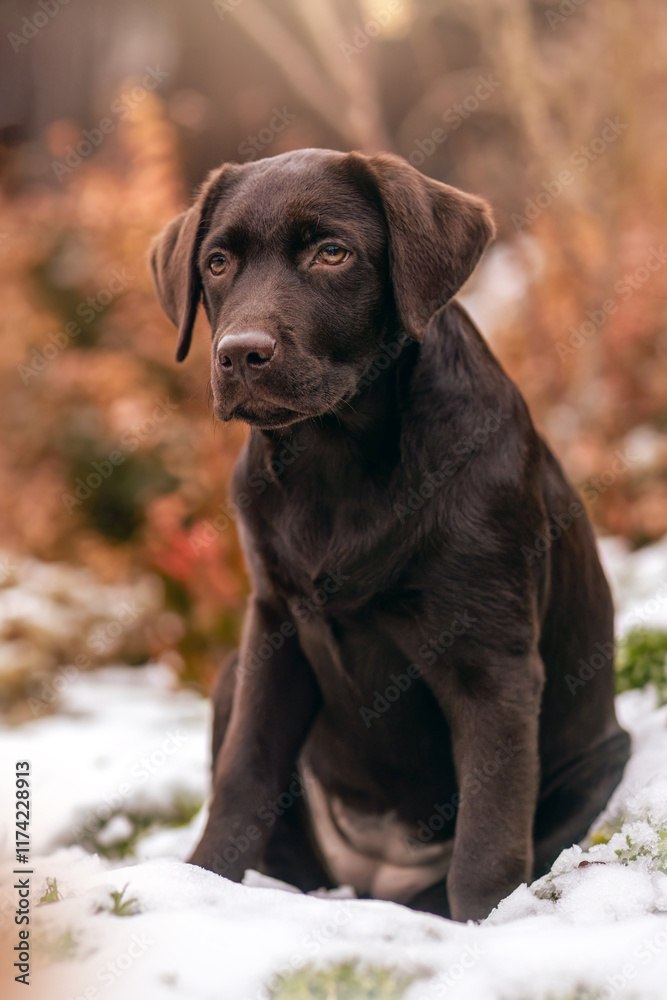 A cute chocolate brown labrador puppy in winter outdoors A cute chocolate brown labrador puppy in winter outdoors