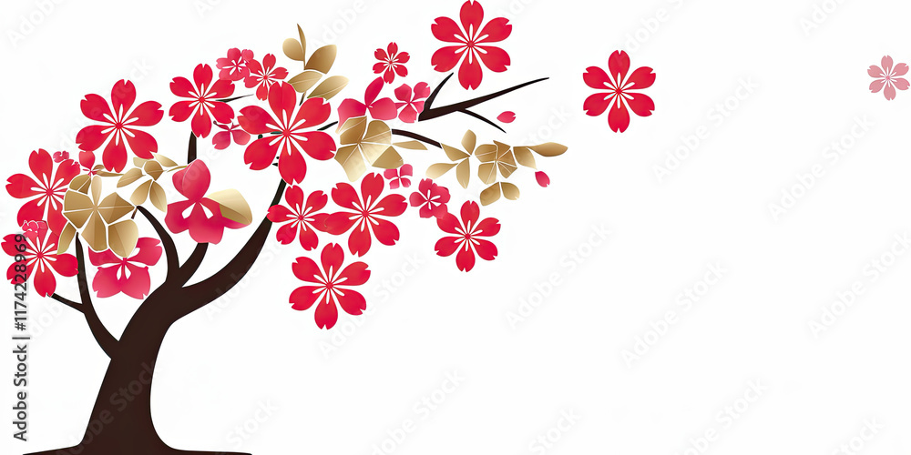 Fototapeta premium Elegant Red and Gold Cherry Blossom Tree Branch Design Floral Spring Art