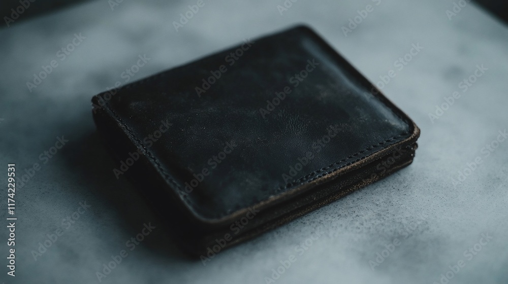 Dark brown leather wallet on a textured surface. Dark brown leather wallet on a textured surface.