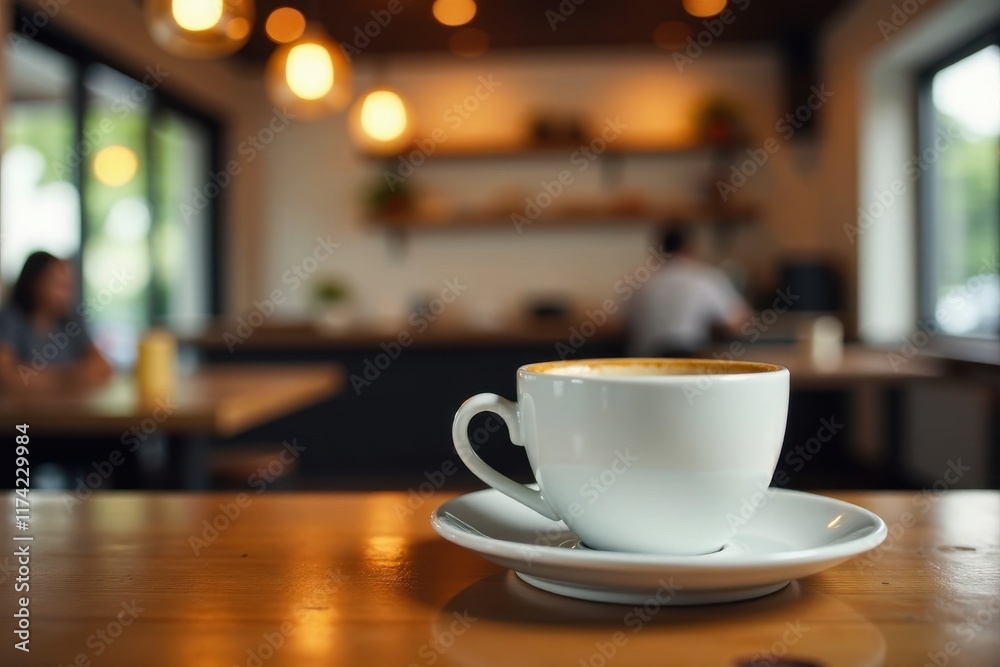 Fototapeta premium Coffee cup on wooden table with blurred cafe background and bokeh effect, cafe, background, bokeh