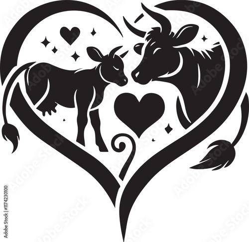 Cow with heart love pair silhouette