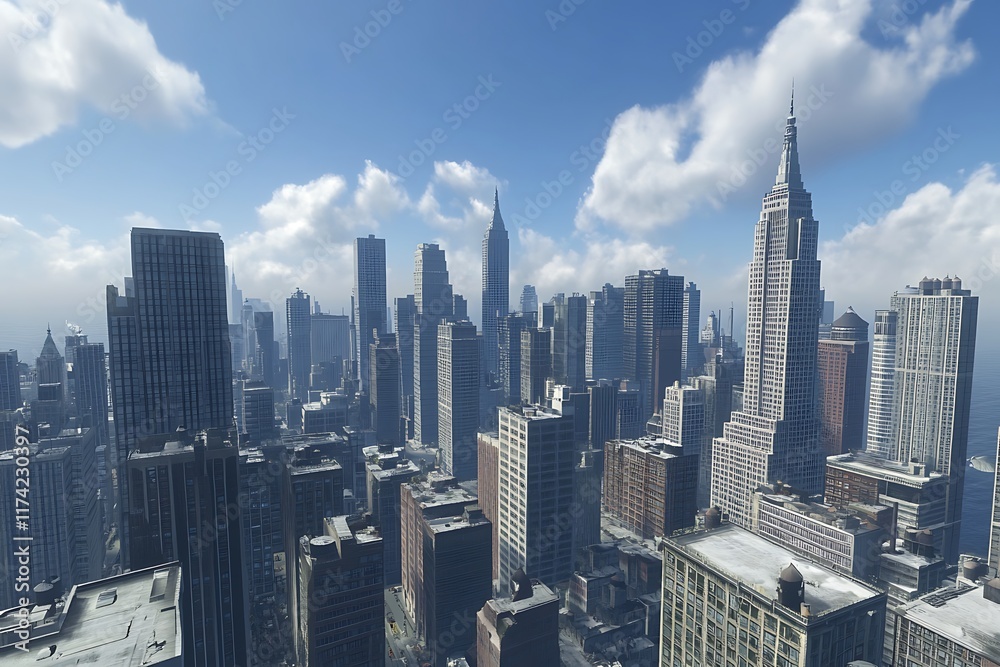 Obraz premium A panoramic view of a bustling city skyline featuring skyscrapers and a clear blue sky.