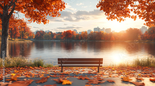 Fototapeta Naklejka Na Ścianę i Meble -  Serene autumn park scene with bench by lake at sunrise.
