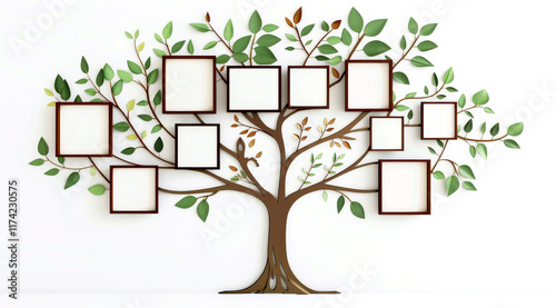 Artistic family tree design with empty squares ready to be filled with names and photos, framed by leaves and branches to symbolize lineage