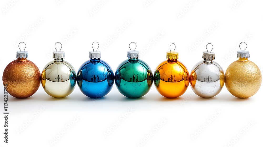 Row of colorful shiny Christmas glass baubles on white background. Row of colorful shiny Christmas glass baubles on white background.