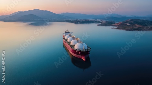 Aerial drone photo of LNG (Liquified Natural Gas) tanker anchored in small LNG industrial islet of Revithoussa equipped with tanks for storage, Salamina, Greece