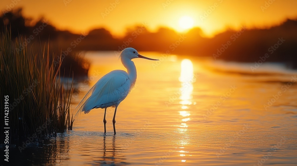Naklejka premium Tranquil salt marsh featuring an Avocet gracefully wading through shallow water