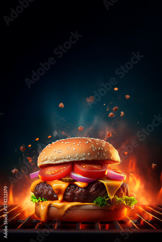 Burger. Big Cheese burger with onions and tomatoes on a grill.
