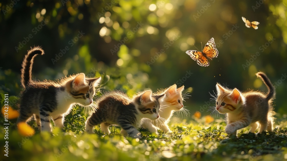 Fototapeta premium Four adorable kittens play in a sun-dappled garden, a butterfly fluttering nearby. Pure joy!