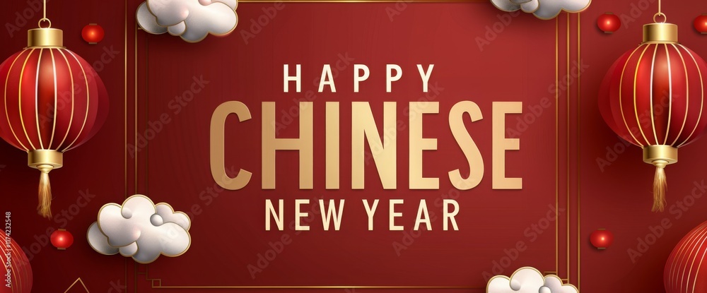 Naklejka premium Happy Chinese New Year banner on a red background with a paper-cut clouds and lanterns pattern, and a golden outline of the circular frame border design.