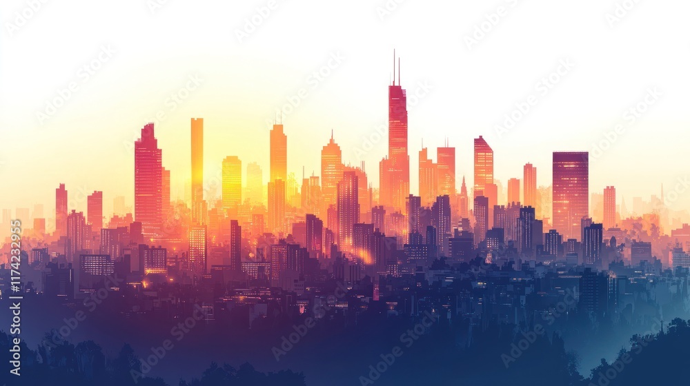 Fototapeta premium Warm sunrise over a vibrant cityscape skyline.