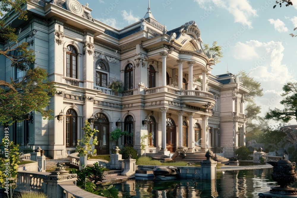 Vibrant Color Picture of a Beautiful Old Luxury Traditional Style Villa Architectural Design Vibrant Color Picture of a Beautiful Old Luxury Traditional Style Villa Architectural Design