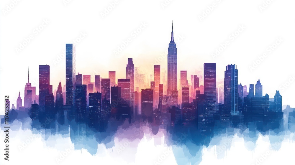 Fototapeta premium Cityscape skyline at sunrise, watercolor effect.