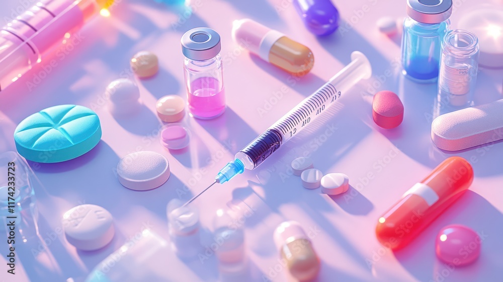 Colorful pills, capsules, syringes, and vials on a white background. Colorful pills, capsules, syringes, and vials on a white background.