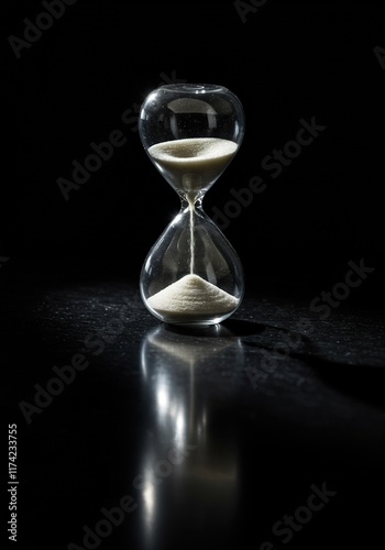 White Sand Hourglass on Reflective Black Surface