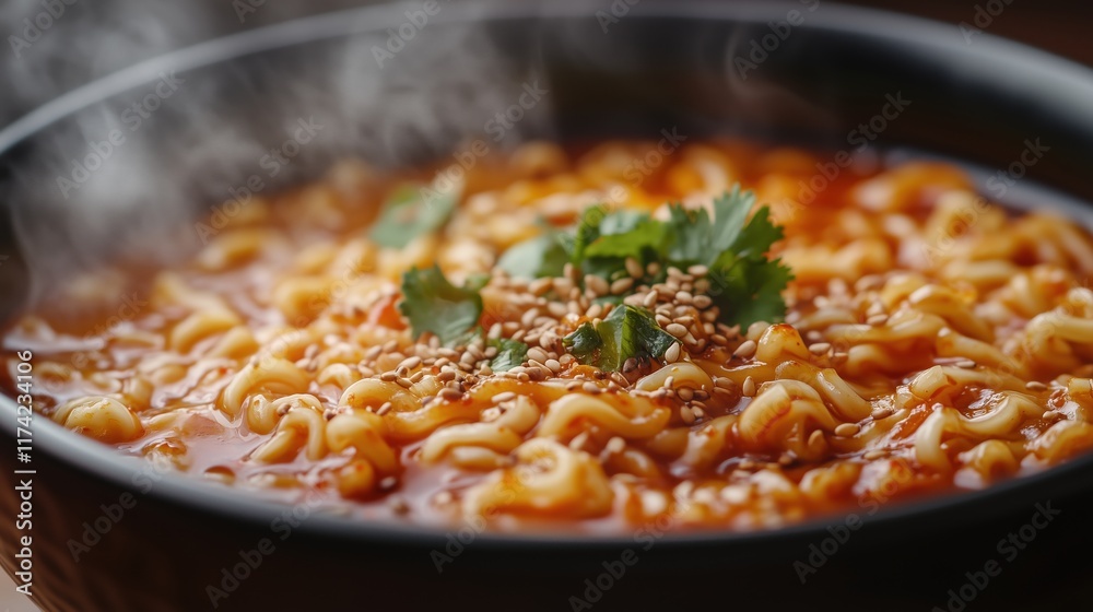 Spicy Ramen Noodles with Sesame and Cilantro Garnish in Black Bowl
