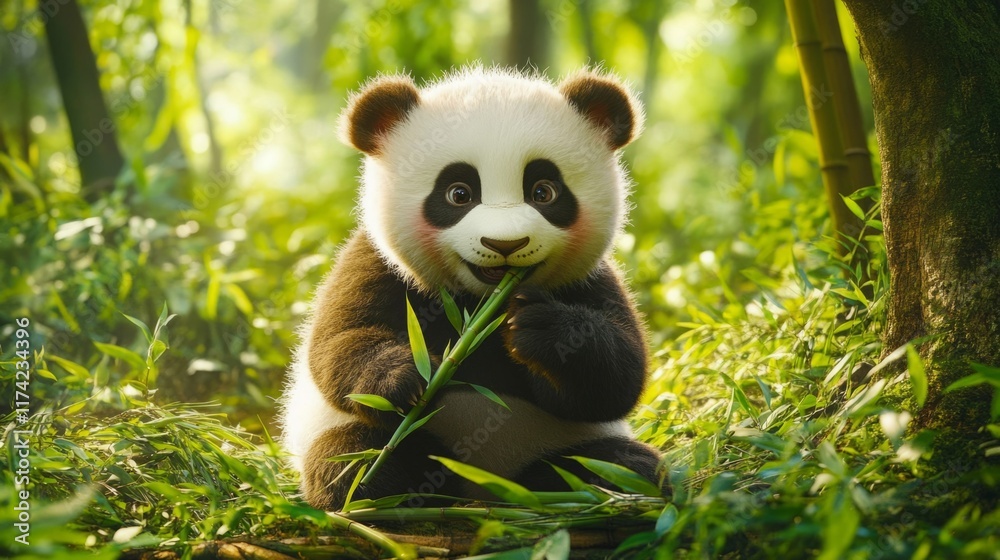 Adorable panda cub enjoys a tasty bamboo snack in its lush forest home. Adorable panda cub enjoys a tasty bamboo snack in its lush forest home.