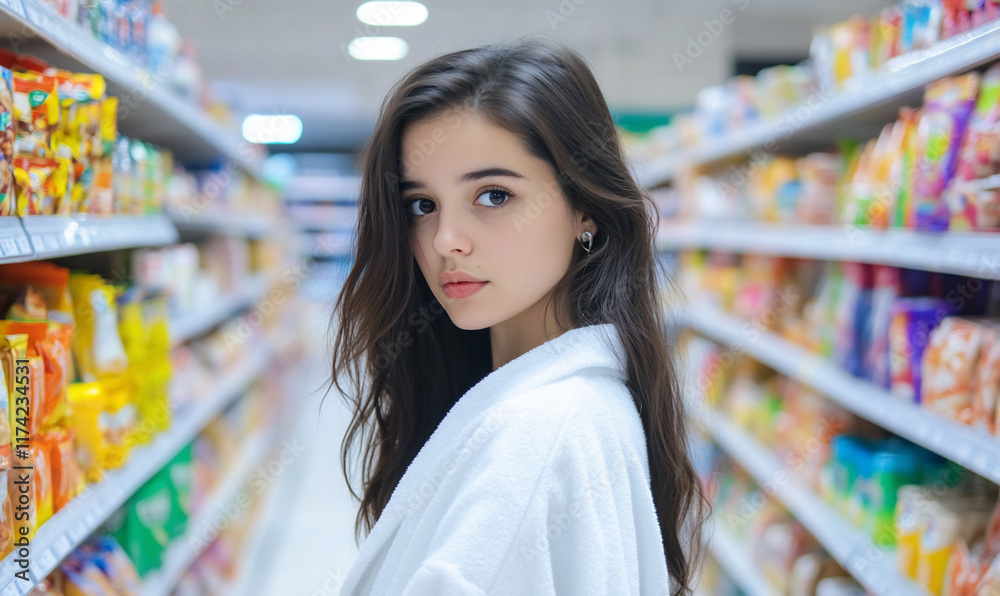 A young woman stands in a grocery aisle, looking contemplative. A young woman stands in a grocery aisle, looking contemplative.