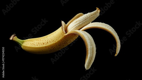 Partially peeled banana on a black background. The peel curls dramatically.