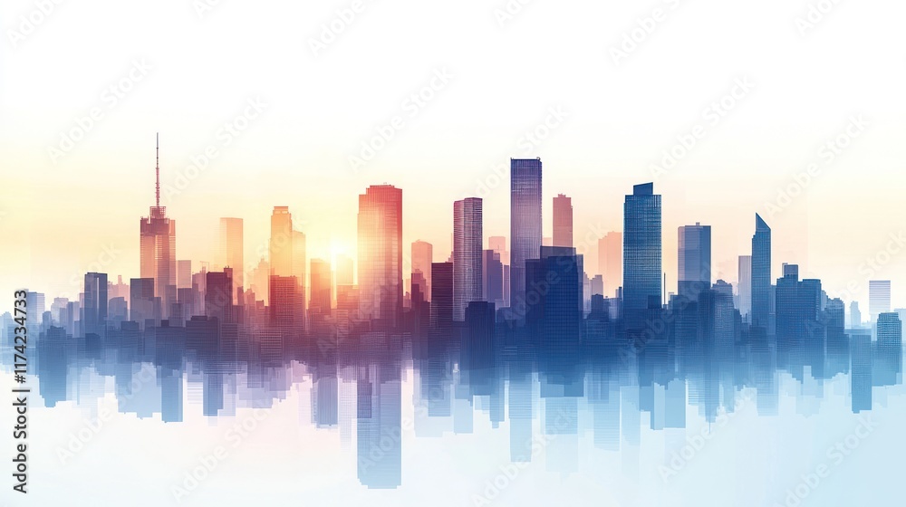 Fototapeta premium Sunrise cityscape silhouette reflecting on water.