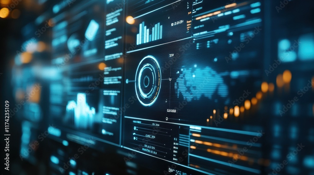 Futuristic interface displaying global data and statistics with various charts, graphs, and a world map, representing advanced technology and data analysis Futuristic interface displaying global data and statistics with various charts, graphs, and a world map, representing advanced technology and data analysis
