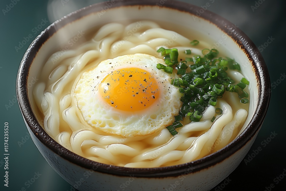 Udon Noodle Soup with Fried Egg and Green Onion in Ceramic Bowl Udon Noodle Soup with Fried Egg and Green Onion in Ceramic Bowl