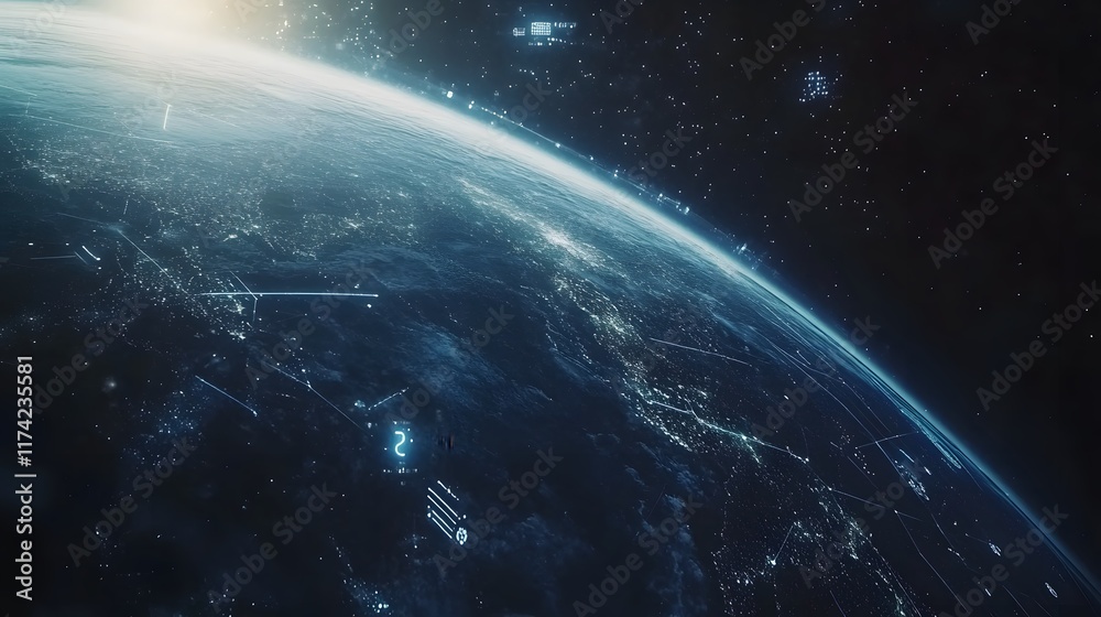 Obraz premium Abstract technology background over Earth, featuring elements of IoT, blockchain, cryptocurrency, and telecommunication networks, symbolizing the global impact of modern business and the digital age