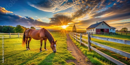 Peaceful pasture scene: a ranch horse grazes, embodying the tranquil beauty of equestrian farm life.