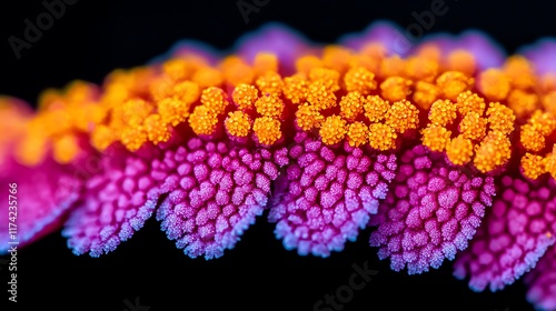 Close-up of pollen particles on petals captured microscopically, flora precision, nature's micro world photo