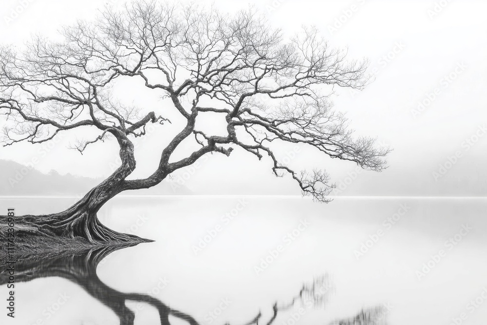 Serene Minimalist Landscape Featuring a Bare Tree Reflecting on Still Water Serene Minimalist Landscape Featuring a Bare Tree Reflecting on Still Water