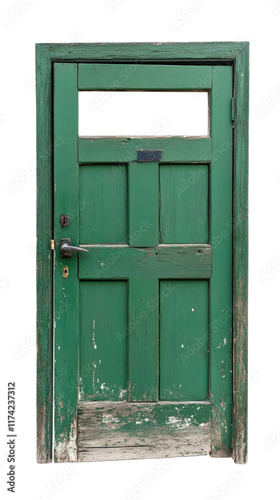 Old green wooden door with peeling paint and rustic charm Old green wooden door with peeling paint and rustic charm