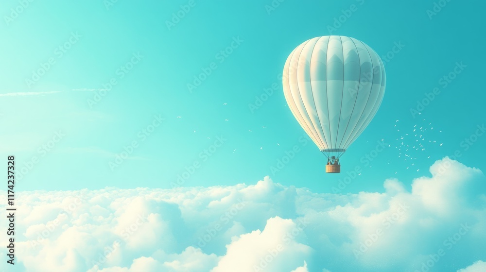 Obraz premium White hot air balloon floats serenely above a sea of clouds under a bright sky.