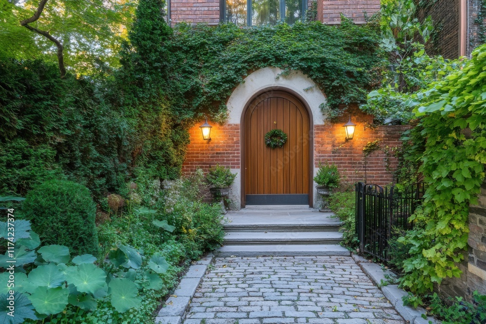 Fototapeta premium Charming entrance of a well-maintained home surrounded by lush greenery, featuring a warm wooden door and welcoming lights in the late afternoon