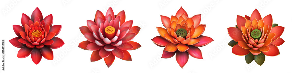 Obraz premium Vibrant lotus flowers in various shades of red and orange, showcasing beauty and elegance