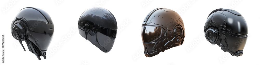 Fototapeta premium Futuristic helmets with metallic finishes showcasing sleek designs and advanced features