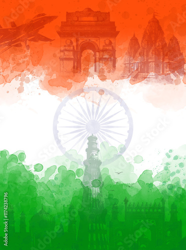 Indian Tricolor Watercolor Art with Iconic Indian Monuments and Ashoka Chakra Design Background
