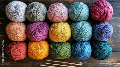 Colorful yarn balls for knitting on wood