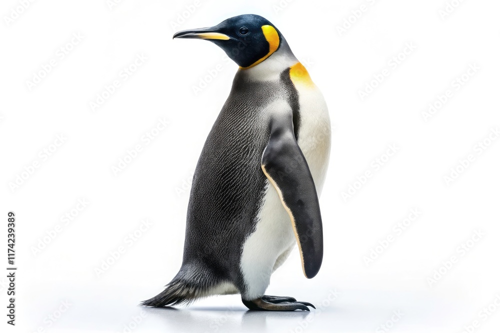 Naklejka premium Sleek penguin, a wildlife photography masterpiece, showcases Antarctic beauty against a stark white background.