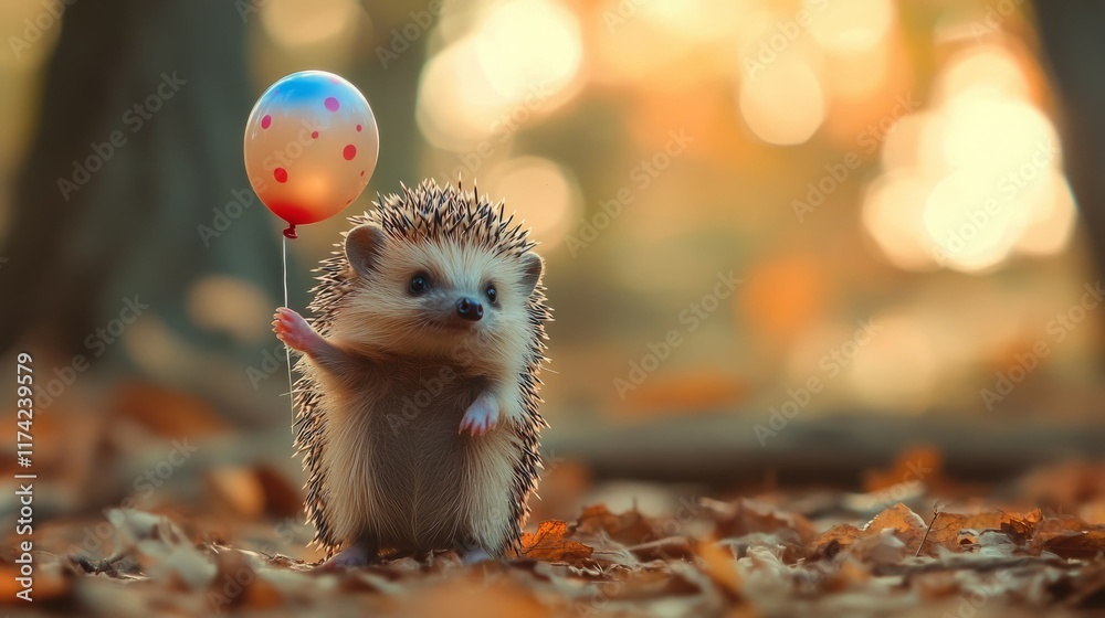 Obraz premium Adorable hedgehog holding a colorful balloon in a sun-dappled autumn forest.