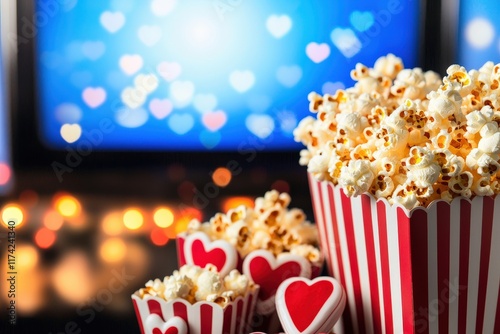 Valentine's Movie Night Love Celebration for Couples Cozy Home Environment Popcorn and Heart Treats Emotional Connection photo