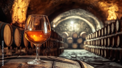 Aged golden fortified wine in the wine glass on background of wooden barrels in cellar of winery