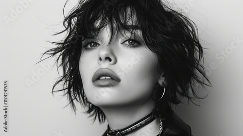 A black and white portrait of a woman with short, tousled hair and bold makeup.