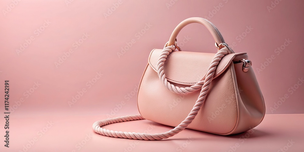 Fototapeta premium Stylish blush pink handbag; rope handle detail, perfectly monochromatic.