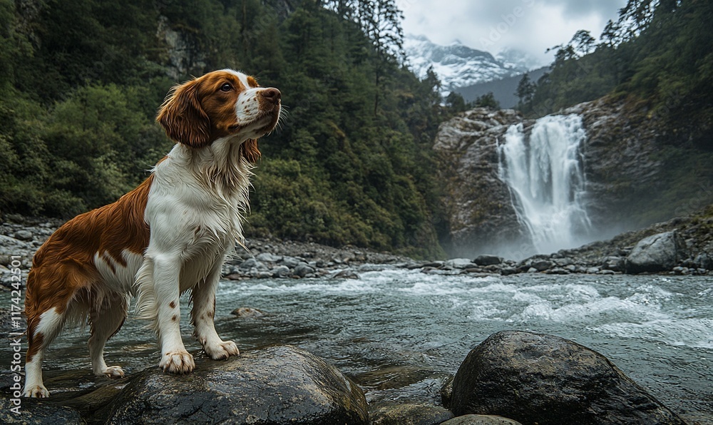 Dog by waterfall, mountain backdrop, adventure Dog by waterfall, mountain backdrop, adventure